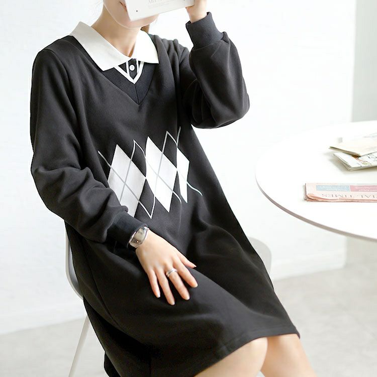 大きいサイズ レディース アーガイル柄レイヤード風ワンピース　goldy-1745