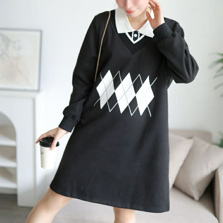 大きいサイズ レディース アーガイル柄レイヤード風ワンピース　goldy-1745