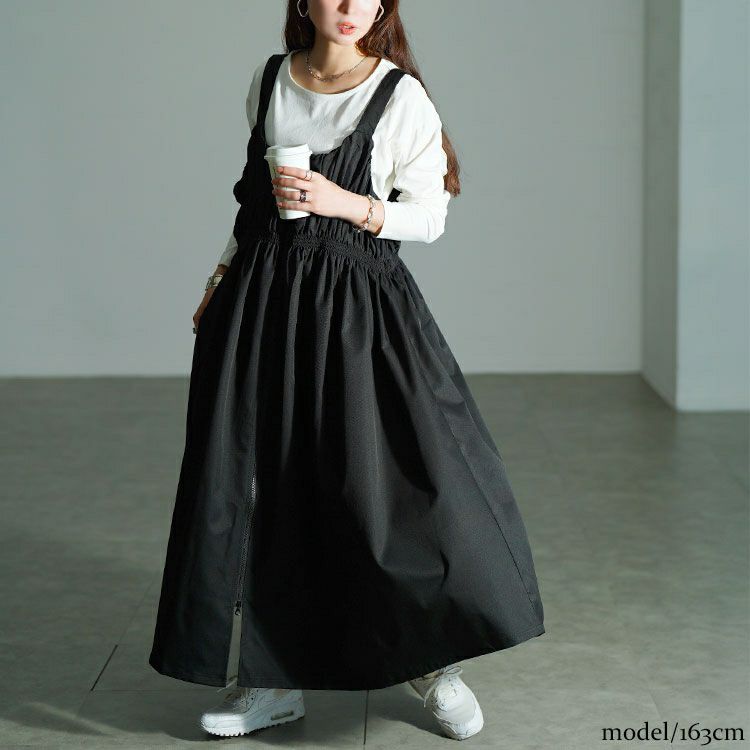 大きいサイズ レディース シャーリングZIPジャンパースカート　nw-25049