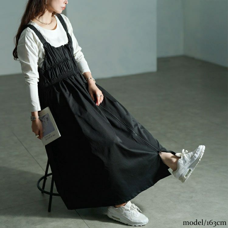 大きいサイズ レディース シャーリングZIPジャンパースカート　nw-25049