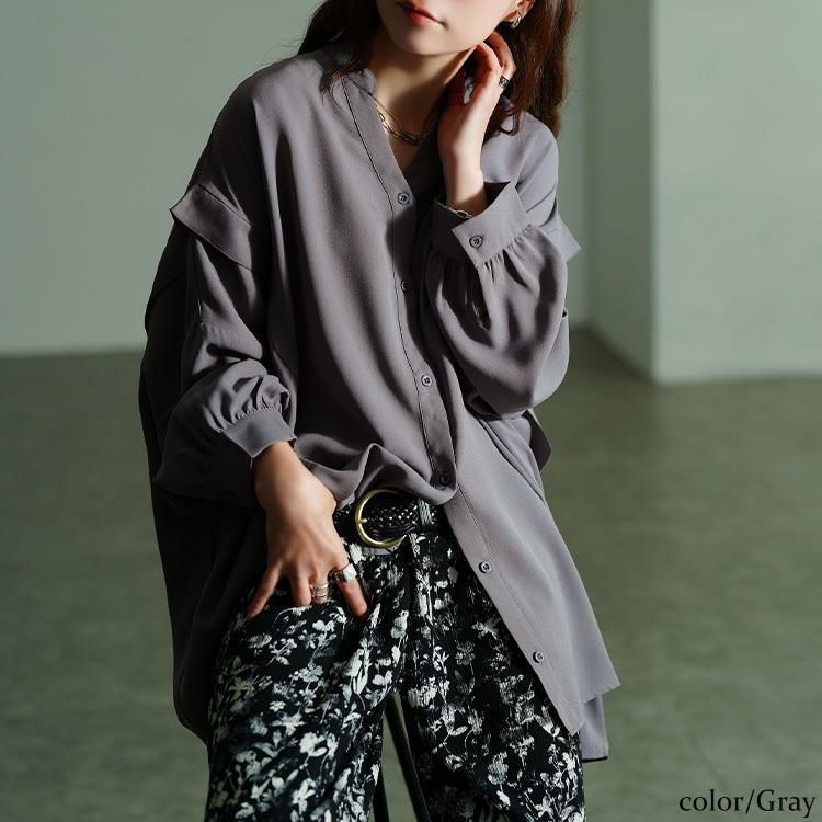 大きいサイズ レディース タックショルダースキッパーシャツ　nw-25045 【メール便可】 グレー