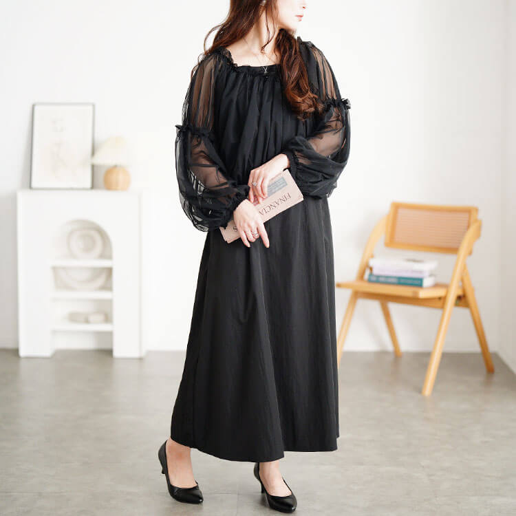 大きいサイズ レディース ギャザーチュールトップス＆キャミワンピース2点セット　nw-25042 ブラック