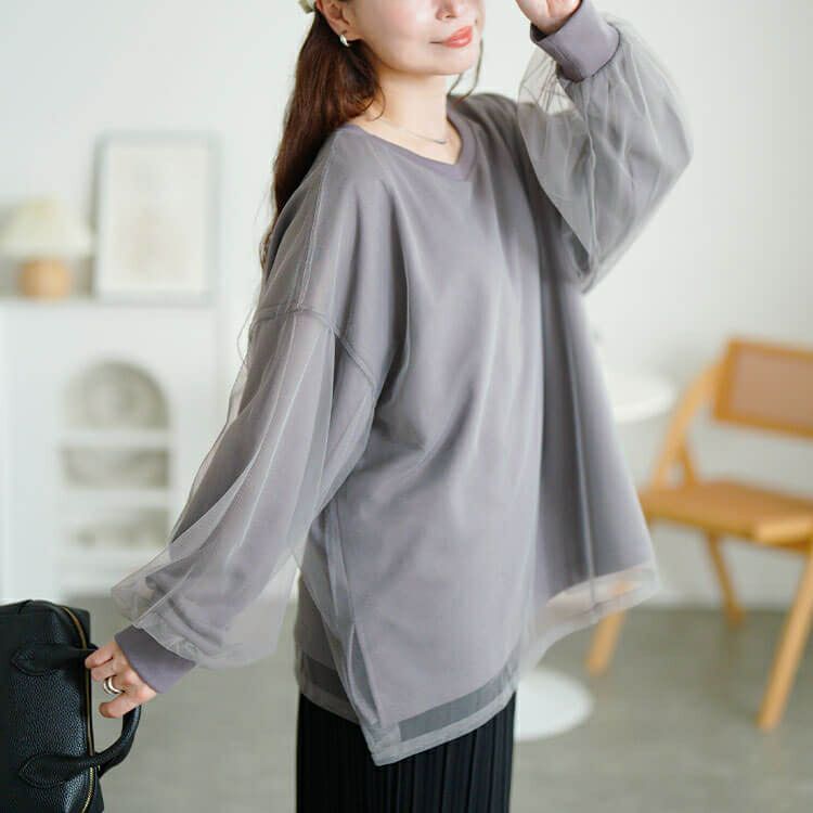 大きいサイズ レディース チュールレイヤードボリューム袖トレーナー　fem-611