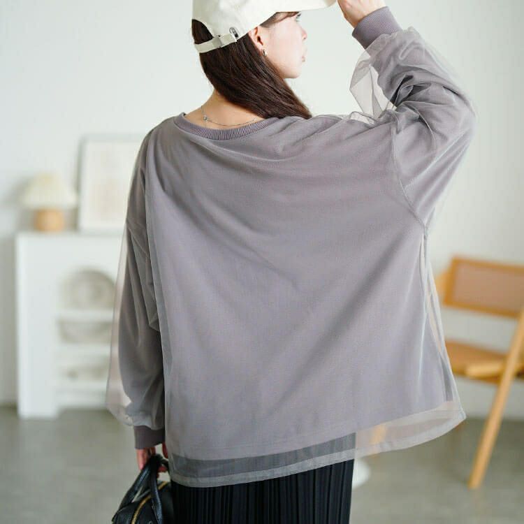 大きいサイズ レディース チュールレイヤードボリューム袖トレーナー　fem-611