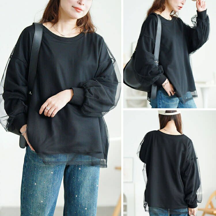 大きいサイズ レディース チュールレイヤードボリューム袖トレーナー　fem-611