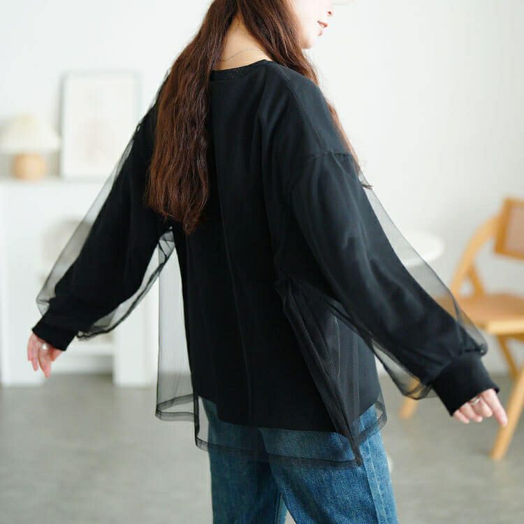 大きいサイズ レディース チュールレイヤードボリューム袖トレーナー　fem-611