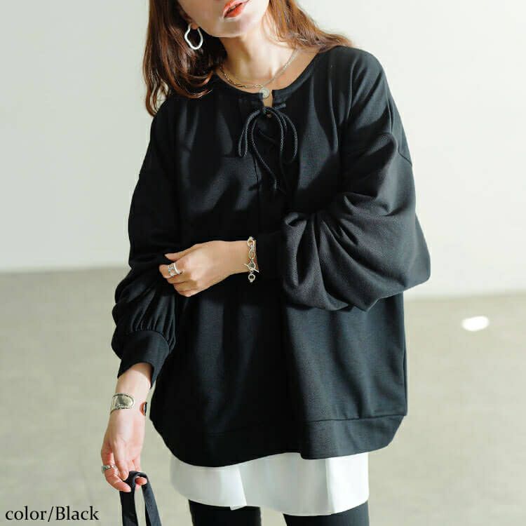 大きいサイズ レディース レースアップラウンドネックトレーナー fem