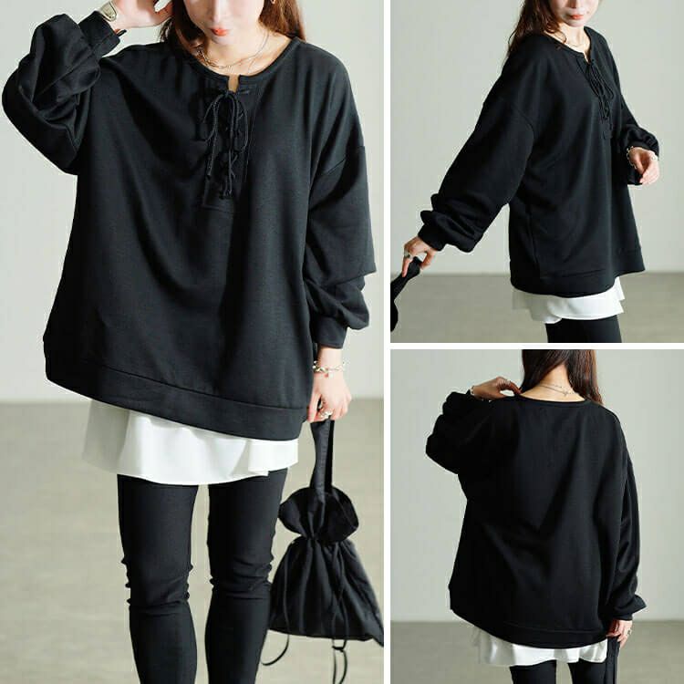 大きいサイズ レディース レースアップラウンドネックトレーナー fem