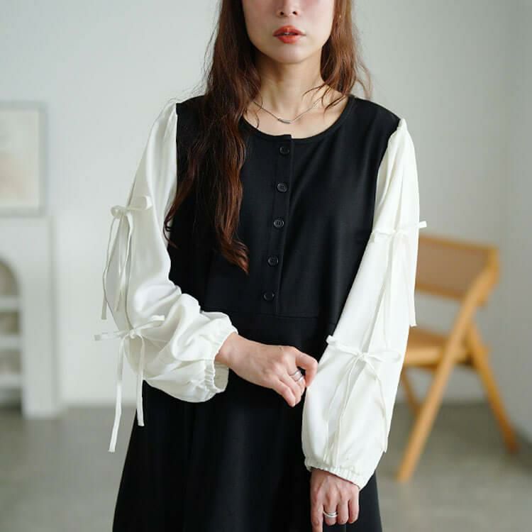 大きいサイズ レディース 袖リボン異素材切り替えペプラムチュニック　fem-609 ブラック