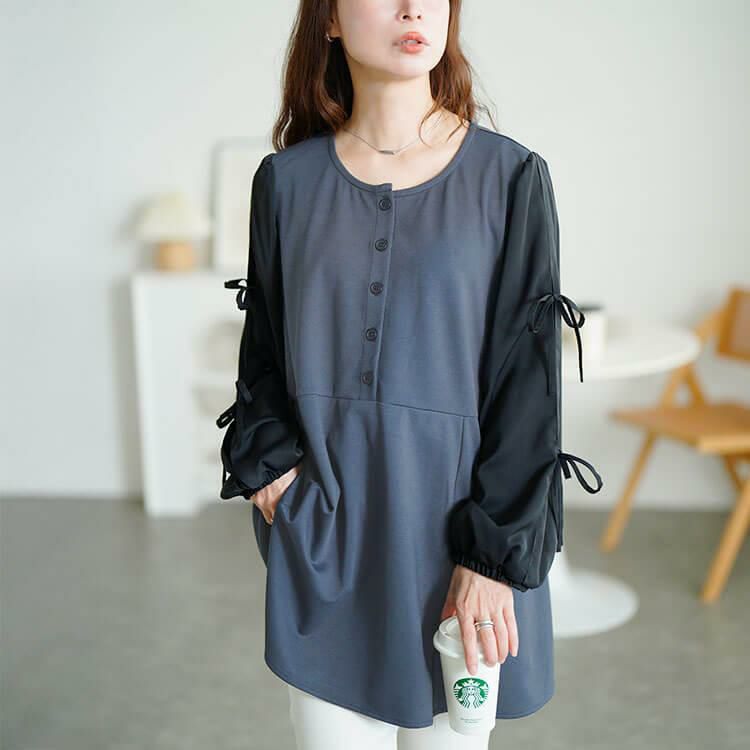 大きいサイズ レディース 袖リボン異素材切り替えペプラムチュニック　fem-609 グレー