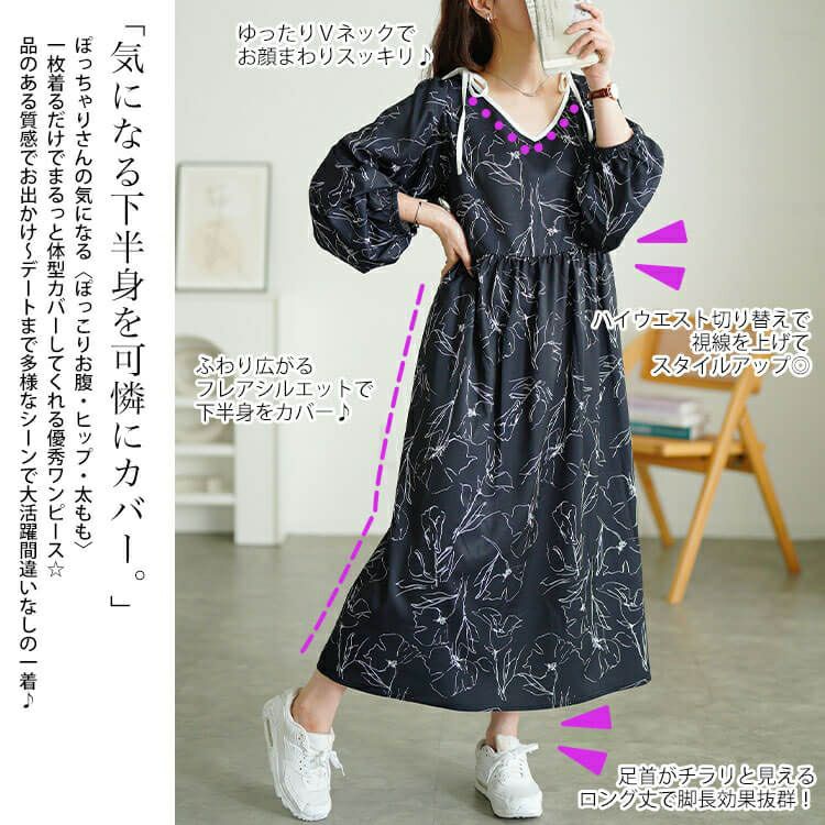 大きいサイズ レディース 花柄配色パイピング肩リボンワンピース　fem-608 【メール便可】