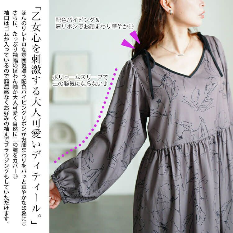 大きいサイズ レディース 花柄配色パイピング肩リボンワンピース　fem-608 【メール便可】