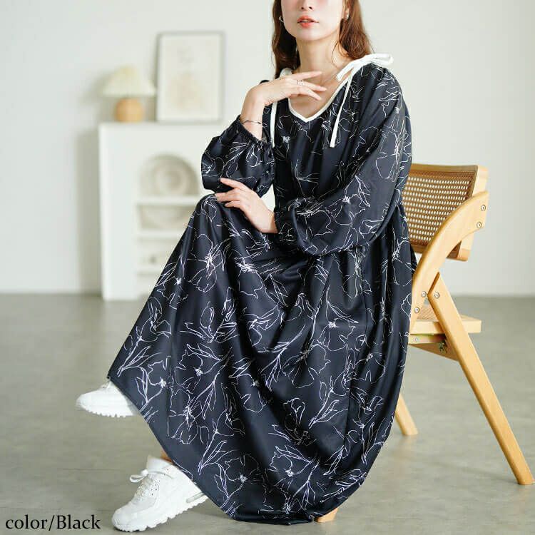 大きいサイズ レディース 花柄配色パイピング肩リボンワンピース fem