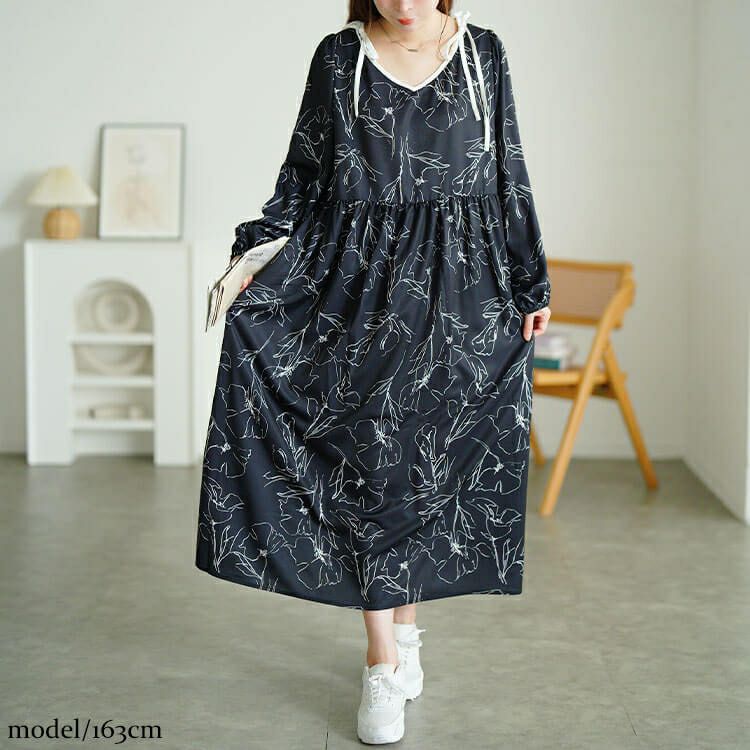 大きいサイズ レディース 花柄配色パイピング肩リボンワンピース　fem-608 【メール便可】