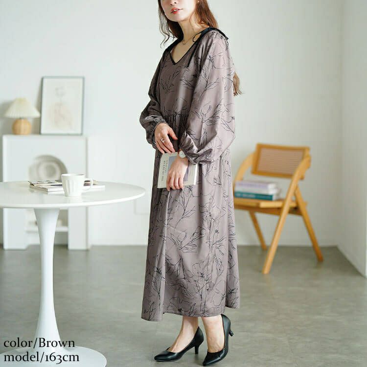 大きいサイズ レディース 花柄配色パイピング肩リボンワンピース　fem-608 【メール便可】