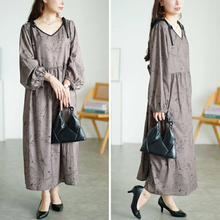 大きいサイズ レディース 花柄配色パイピング肩リボンワンピース　fem-608 【メール便可】