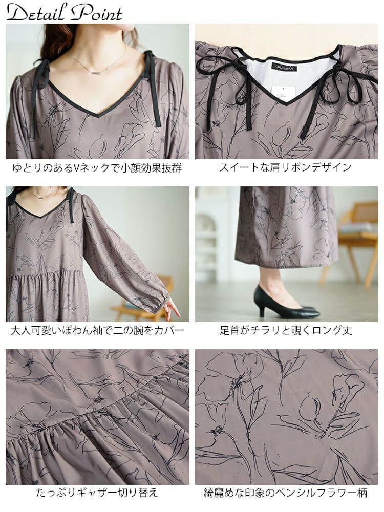 大きいサイズ レディース 花柄配色パイピング肩リボンワンピース　fem-608 【メール便可】