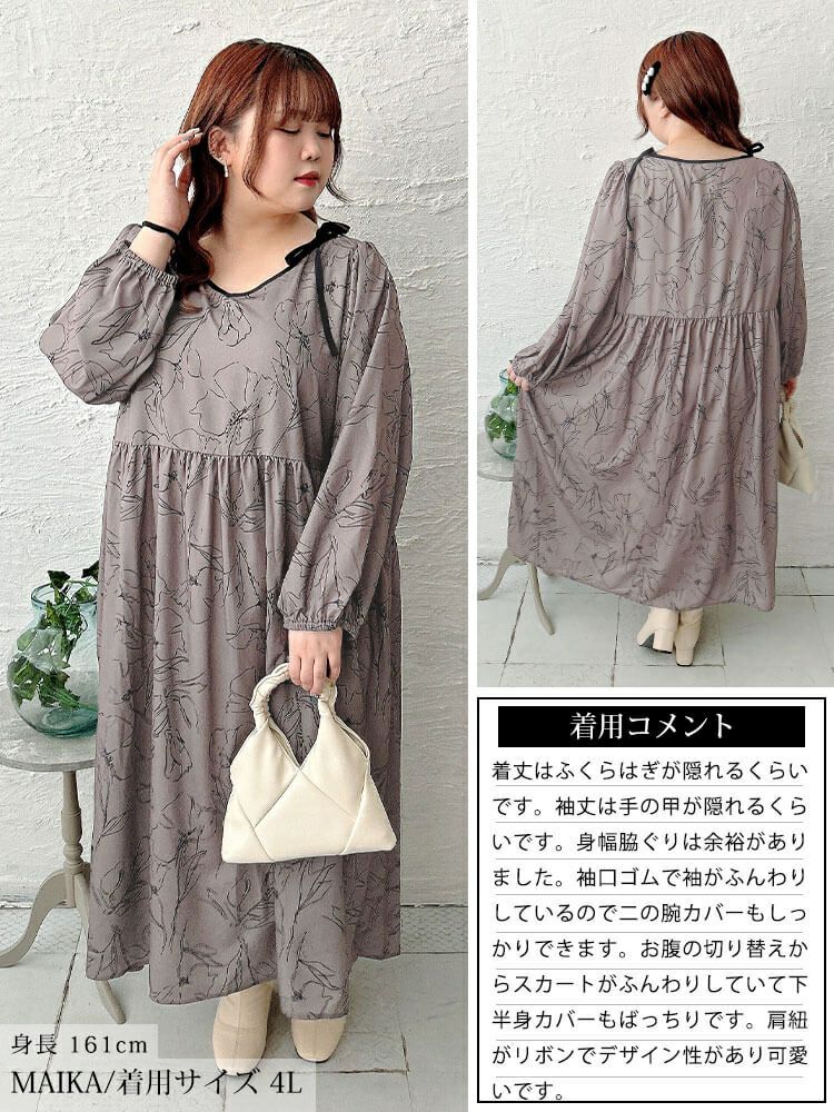 大きいサイズ レディース 花柄配色パイピング肩リボンワンピース　fem-608 【メール便可】