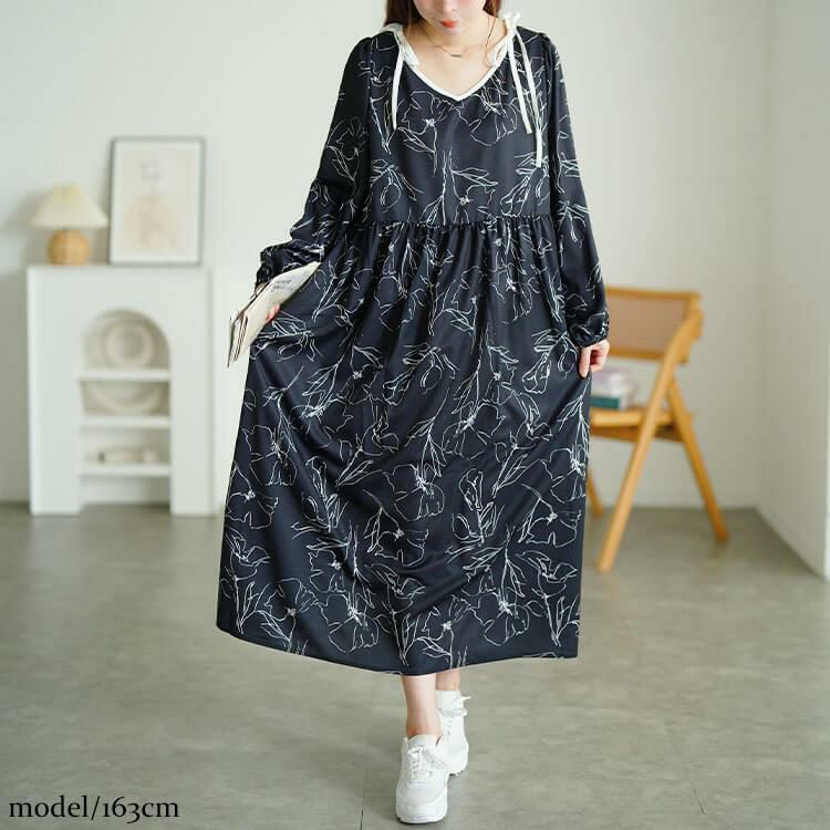 大きいサイズ レディース 花柄配色パイピング肩リボンワンピース　fem-608 【メール便可】 ブラック