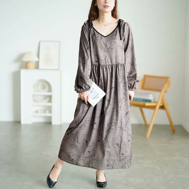 大きいサイズ レディース 花柄配色パイピング肩リボンワンピース　fem-608 【メール便可】 ブラウン
