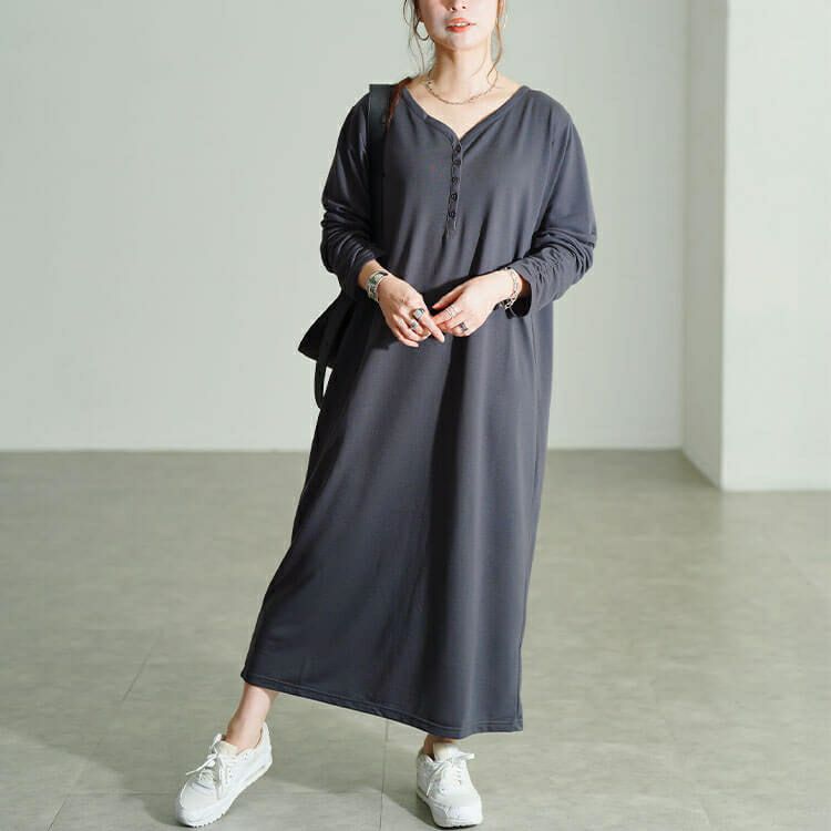 大きいサイズ レディース 袖シャーリングヘンリーネックワンピース　fem-607