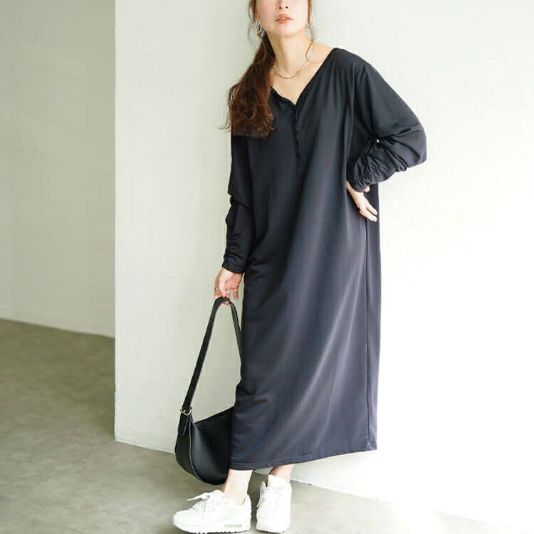 大きいサイズ レディース 袖シャーリングヘンリーネックワンピース　fem-607