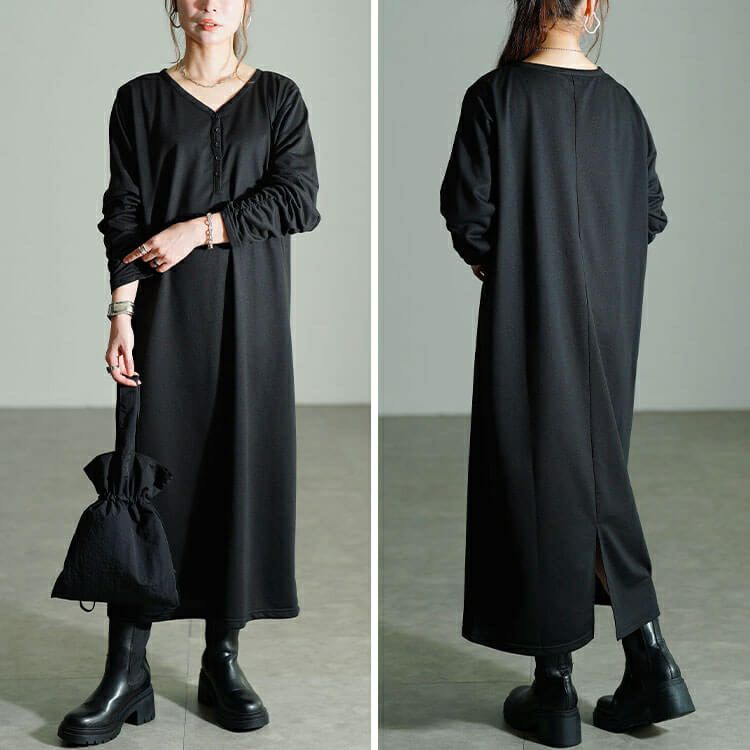 大きいサイズ レディース 袖シャーリングヘンリーネックワンピース　fem-607