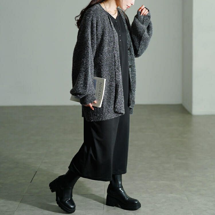 大きいサイズ レディース 袖シャーリングヘンリーネックワンピース　fem-607