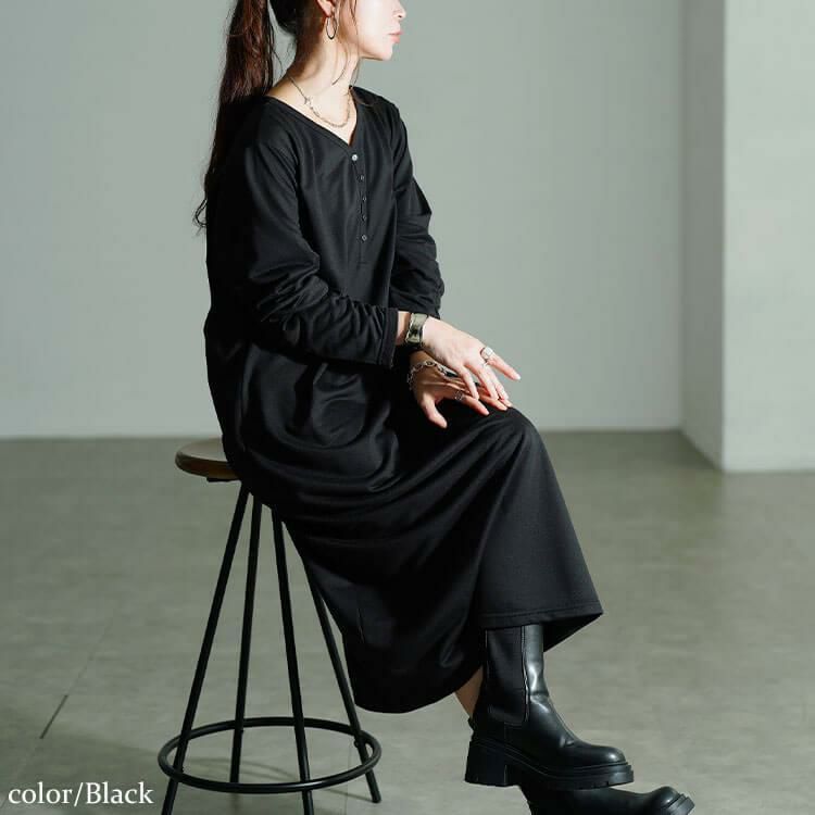 大きいサイズ レディース 袖シャーリングヘンリーネックワンピース　fem-607 ブラック