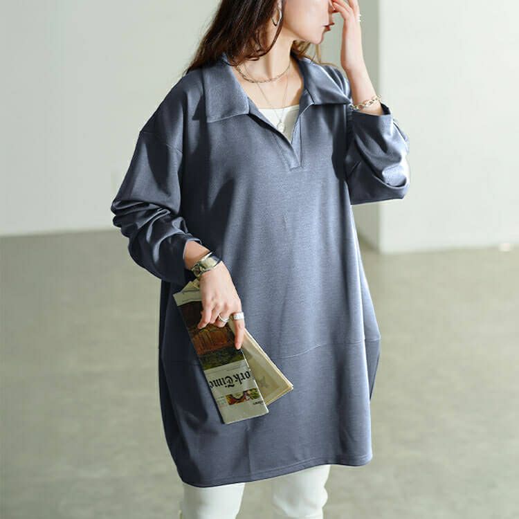 大きいサイズ レディース スキッパーカラーコクーンチュニック　fem-606