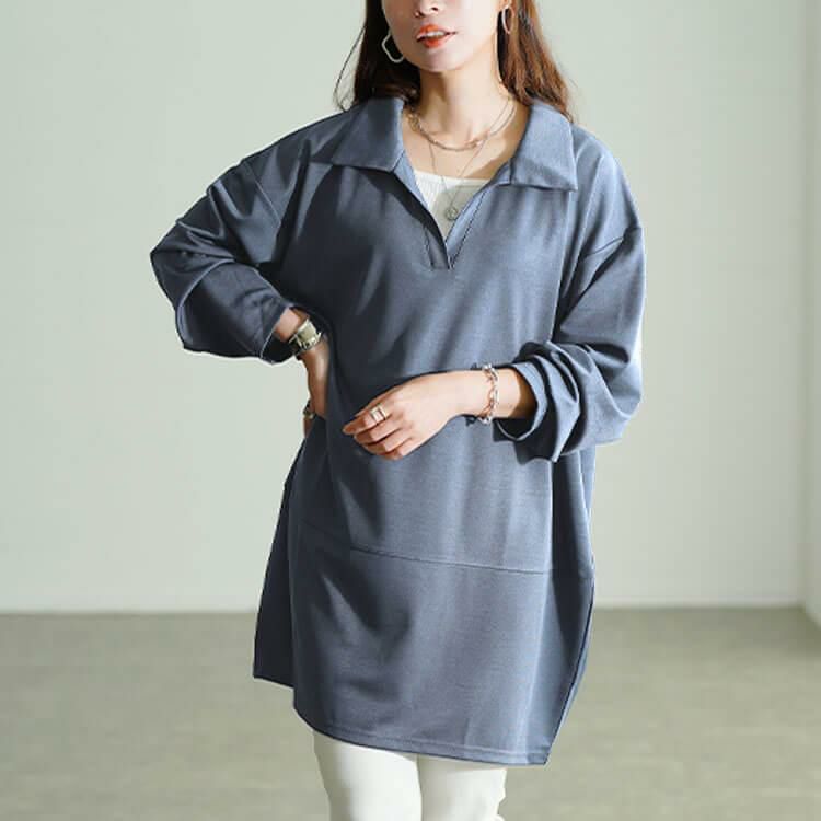 大きいサイズ レディース スキッパーカラーコクーンチュニック　fem-606 グレー