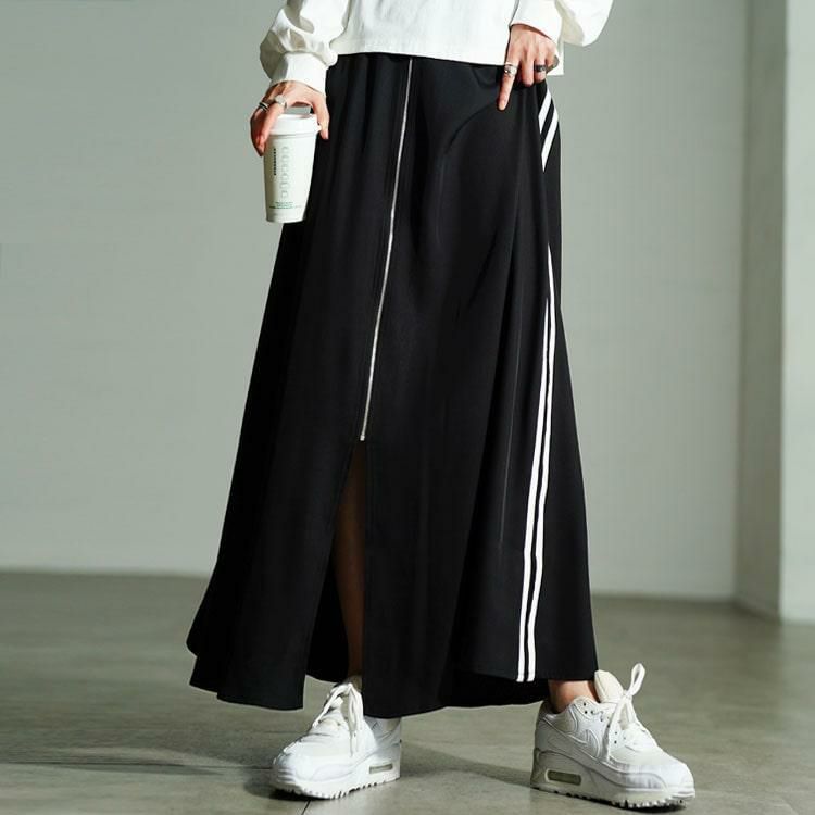 大きいサイズ レディース サイドラインZIPスリットフレアスカート　bai-0197 【メール便可】 ブラック