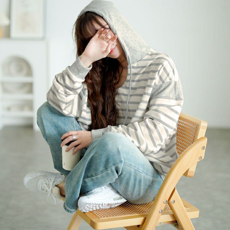 大きいサイズ レディース ボーダー柄Vネックスウェットパーカー　goldy-1762