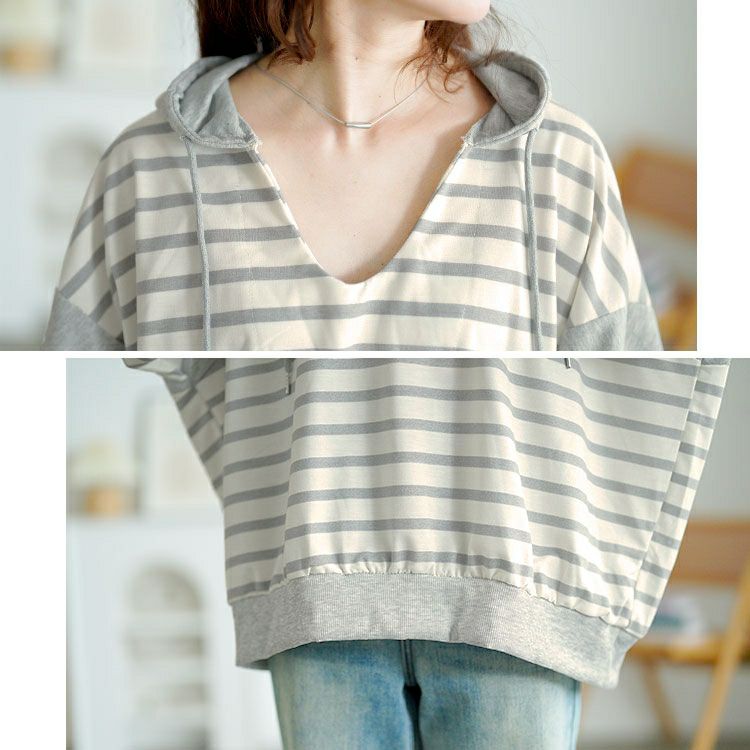大きいサイズ レディース ボーダー柄Vネックスウェットパーカー　goldy-1762