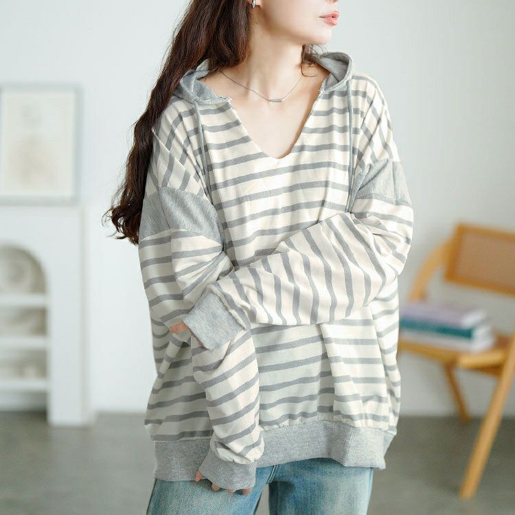 大きいサイズ レディース ボーダー柄Vネックスウェットパーカー　goldy-1762