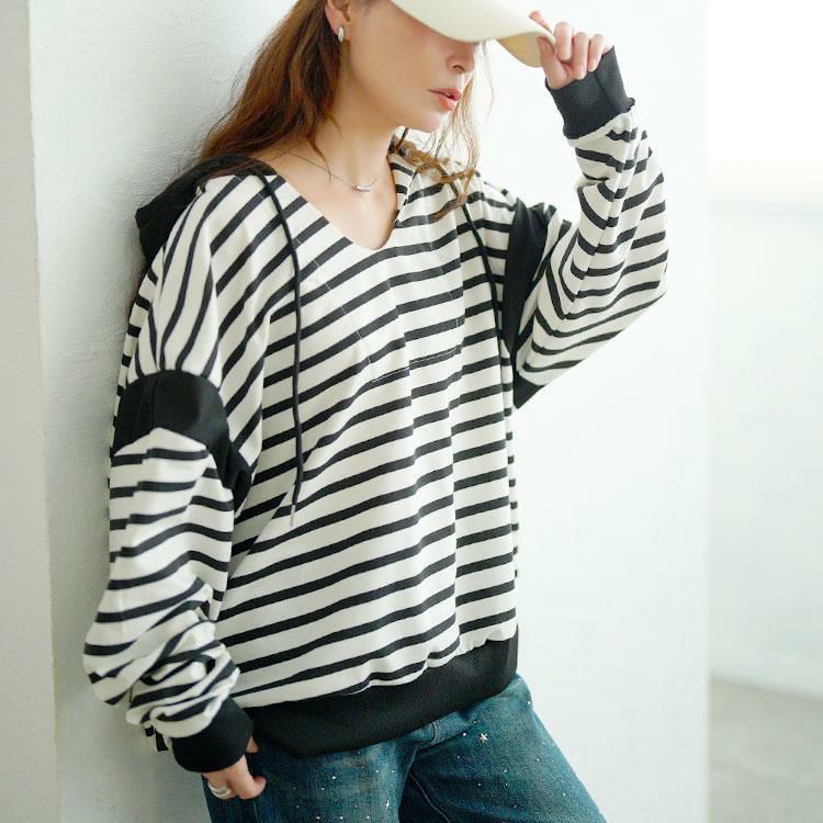 大きいサイズ レディース ボーダー柄Vネックスウェットパーカー　goldy-1762 ブラック