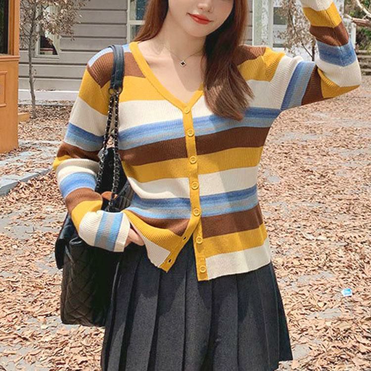 大きいサイズ レディース カラフルボーダーVネックニットカーディガン　goldy-1754 ブラウン
