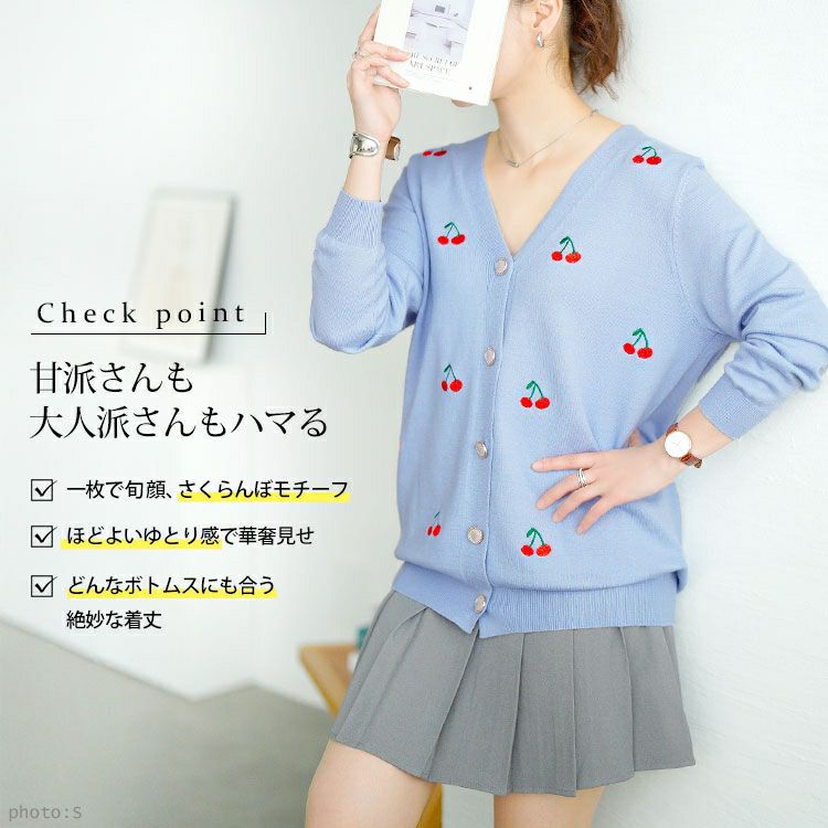 大きいサイズ レディース さくらんぼ柄Vネックニットカーディガン　goldy-1753