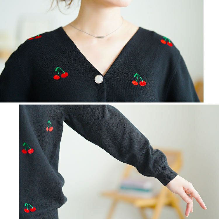 大きいサイズ レディース さくらんぼ柄Vネックニットカーディガン　goldy-1753