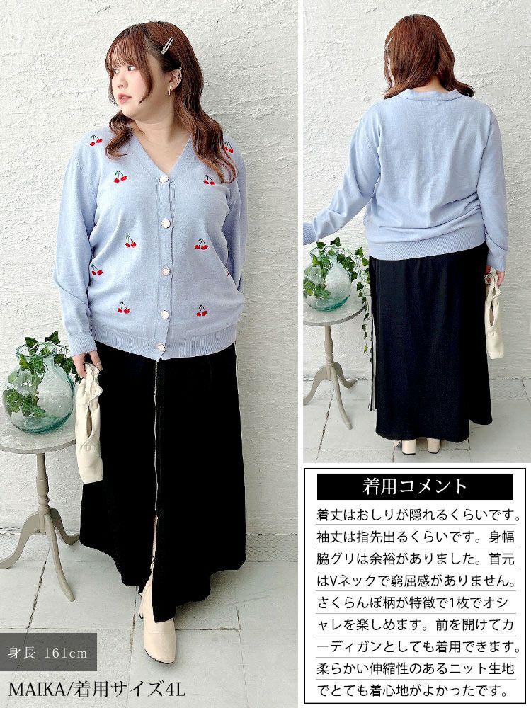 大きいサイズ レディース さくらんぼ柄Vネックニットカーディガン　goldy-1753
