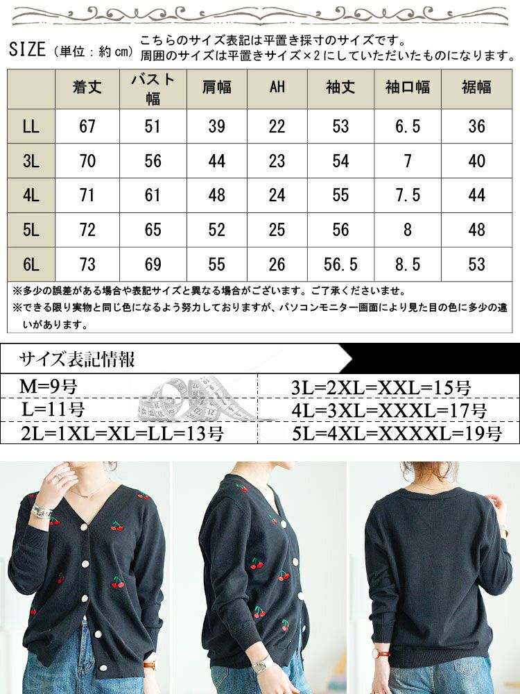 大きいサイズ レディース さくらんぼ柄Vネックニットカーディガン　goldy-1753