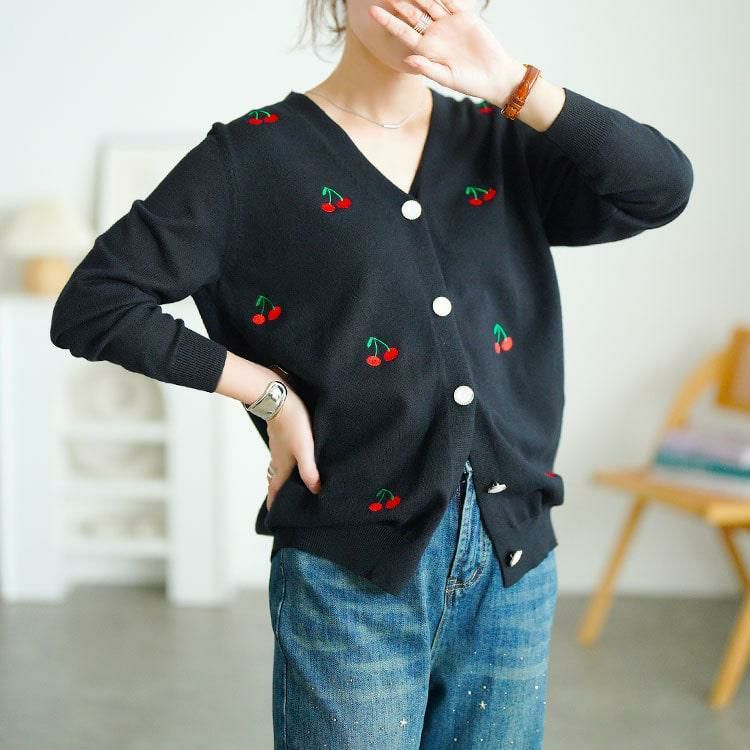 大きいサイズ レディース さくらんぼ柄Vネックニットカーディガン　goldy-1753 ブラック