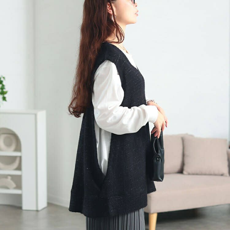 大きいサイズ レディース ラメシャギーニットオーバーベスト　maru-30194