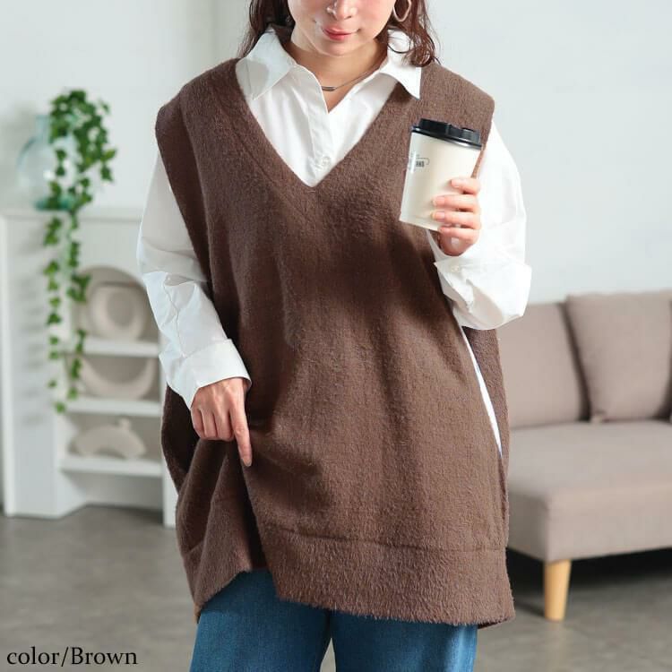 大きいサイズ レディース ラメシャギーニットオーバーベスト　maru-30194 ブラウン