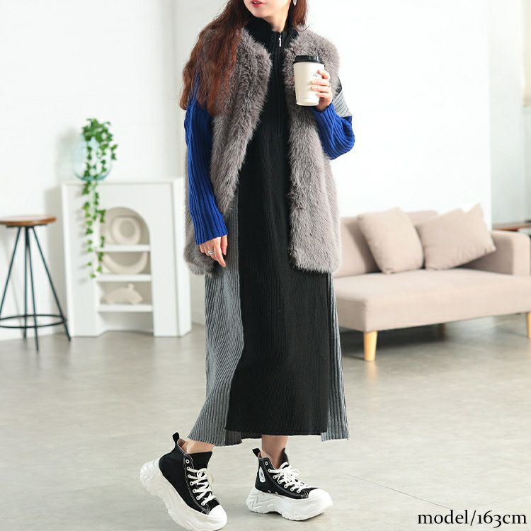 大きいサイズ レディース ハーフZIP配色切り替えニットワンピース　bro-0083