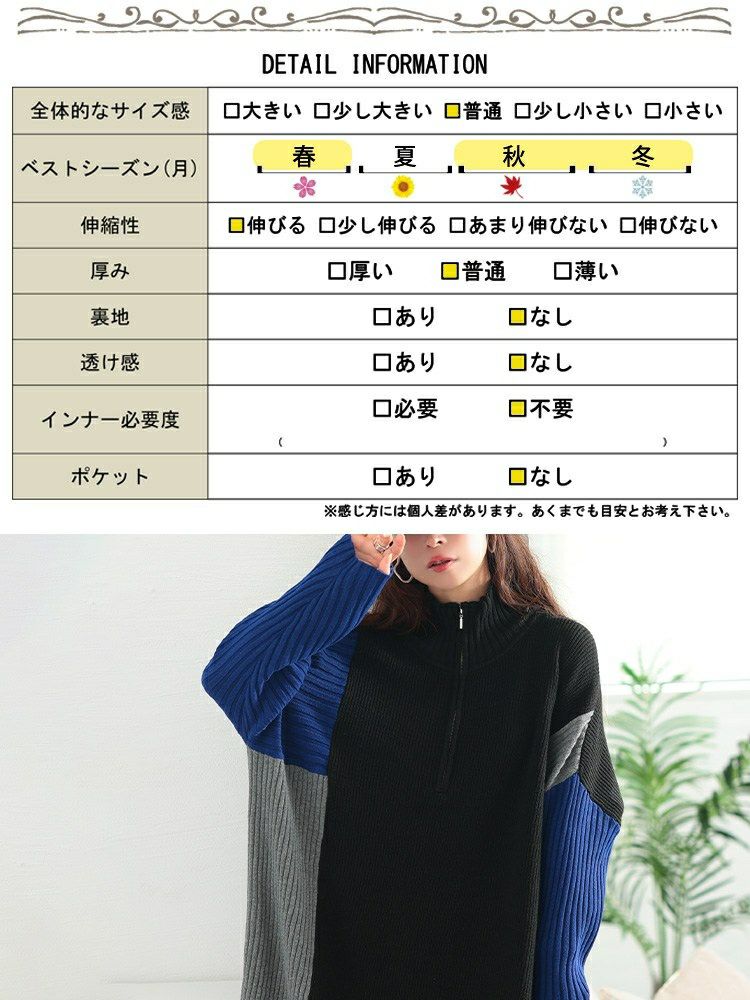 大きいサイズ レディース ハーフZIP配色切り替えニットワンピース　bro-0083