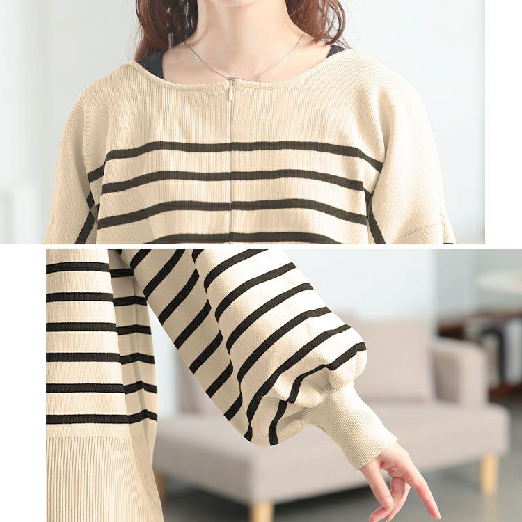 大きいサイズ レディース 2wayハーフZIPパネルボーダーニット　bro-0081