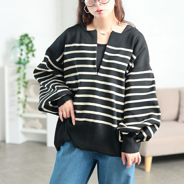 大きいサイズ レディース 2wayハーフZIPパネルボーダーニット bro-0081