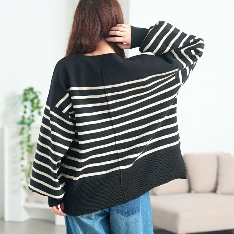 大きいサイズ レディース 2wayハーフZIPパネルボーダーニット　bro-0081