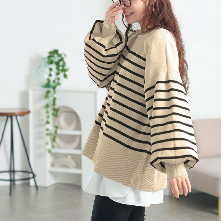 大きいサイズ レディース 2wayハーフZIPパネルボーダーニット　bro-0081